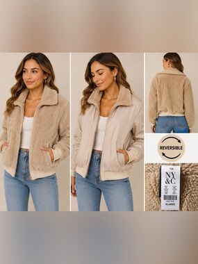 New York & Company Reversible Teddy Sherpa Jacket Beige XL NWT
